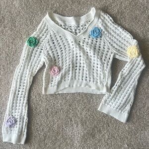 forever 21 White Crochet Sweater with Colorful Flower Accents